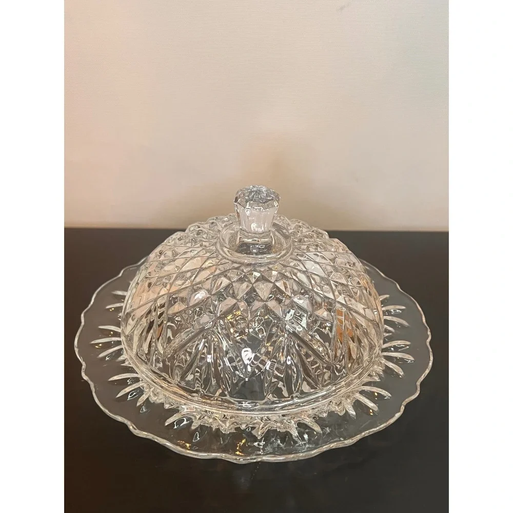 Anchor Hocking Butter Dish Clear Prescut Star of David Round‎ Covered Vintage 7